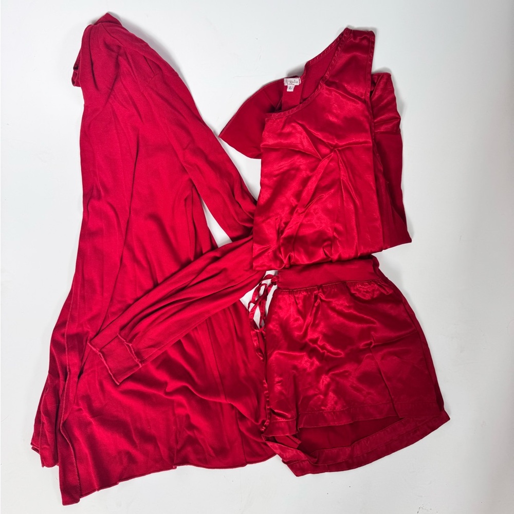 PJ Harlow 3 Piece Robe, Tank, Shorts Satin Pajama Set Size Large